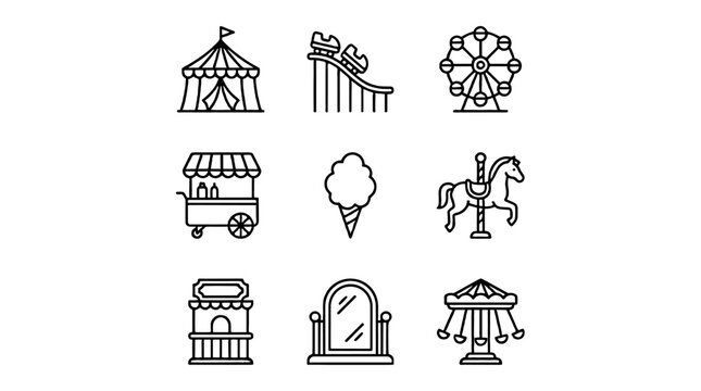 Amusement park line icon set with rides, tent and food cart