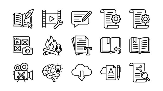 Storytelling line icon set with writing, video and editing symbols