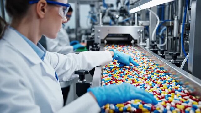 Technician inspecting capsules on conveyor side view inside pharmaceutical production line for medicine sorting, quality control, packaging workflow, safety testing, and healthcare manufacturing