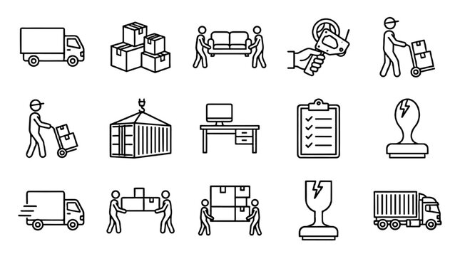 Moving service line icon set with truck boxes and furniture