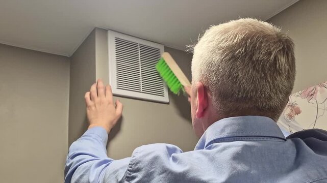 Footage of a person cleaning with a brush an HVAC return air vent grille and duct. Maintenance