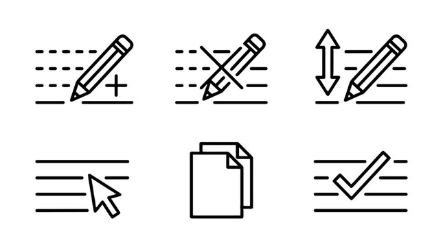 Text editing and document line icon set in outline style