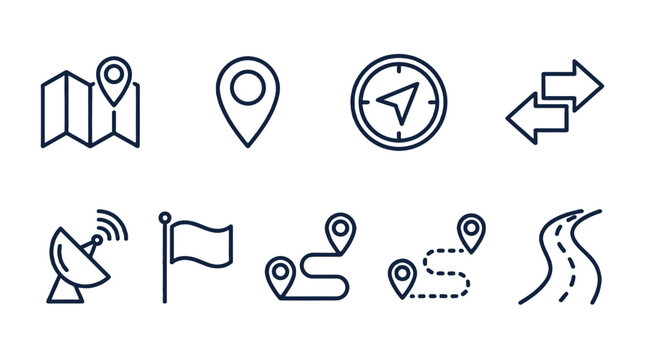 Map and navigation line icon set with route and compass