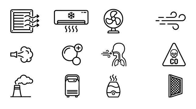 Air and ventilation line icon set with cooling and filtering