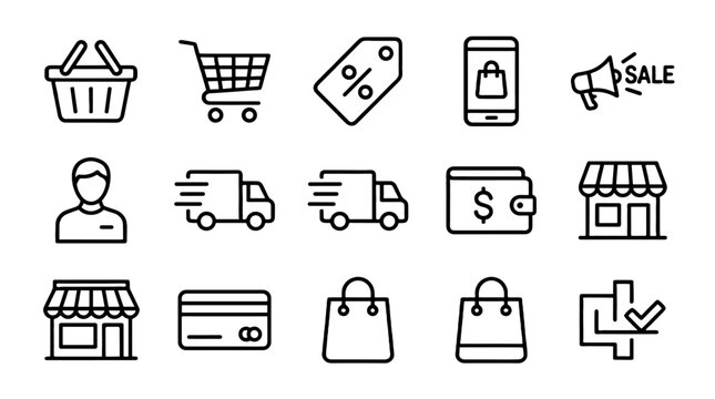 Shopping and retail line icon set with cart, store and wallet