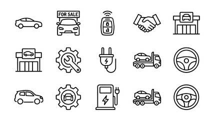 Obraz na płótnie Canvas Car dealer and automobile industry line icon set