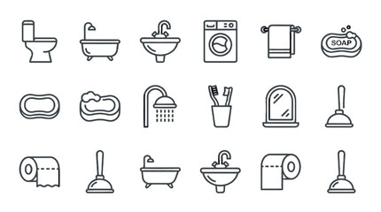 Bathroom line icon set with toilet, bathtub, sink and shower © Alan