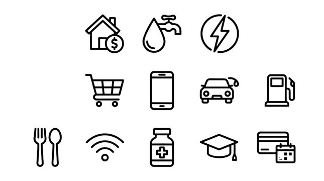 Common expenses line icon set with utility and payment symbols