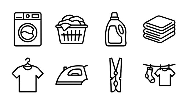 Laundry line editable icon set with washing and clothing symbols