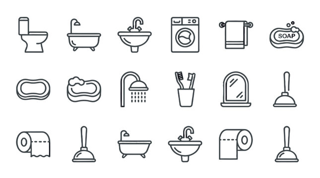 Bathroom line icon set with toilet, bathtub, sink and shower