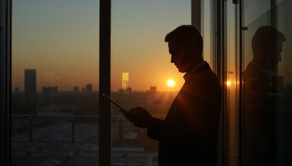 Fototapeta premium Backlit Businessman Silhouette Holding Tablet Near Glass Wall At Sunset
