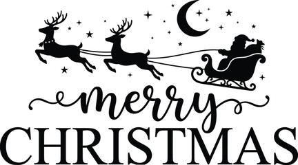 Black silhouette of santa claus in sleigh pulled by reindeer on a starry night with crescent moon and merry christmas text © firoz