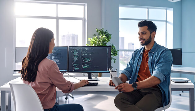 Two colleagues collaborating on a computer project in a modern office, discussing code on dual monitors with city view