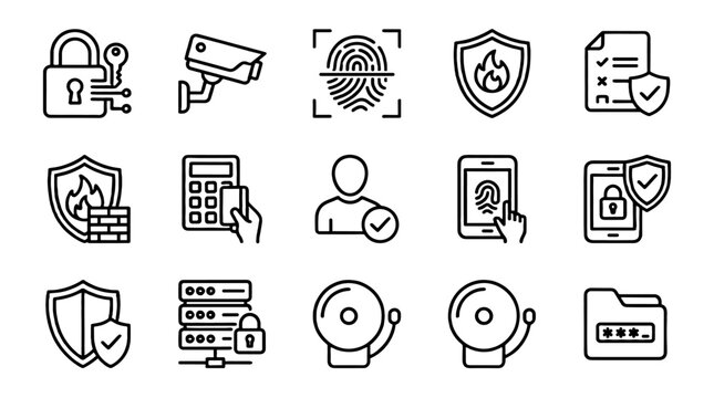 Security systems line icon set with surveillance and access control