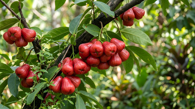 Cluster of Ripe Red Wax Apples on Tree