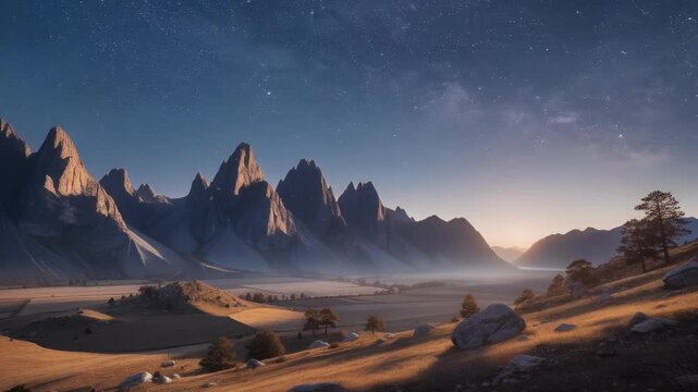 Golden sunrise over mountain valley starry sky with misty plains and rock strewn foreground, starry dawn warming tranquil valley