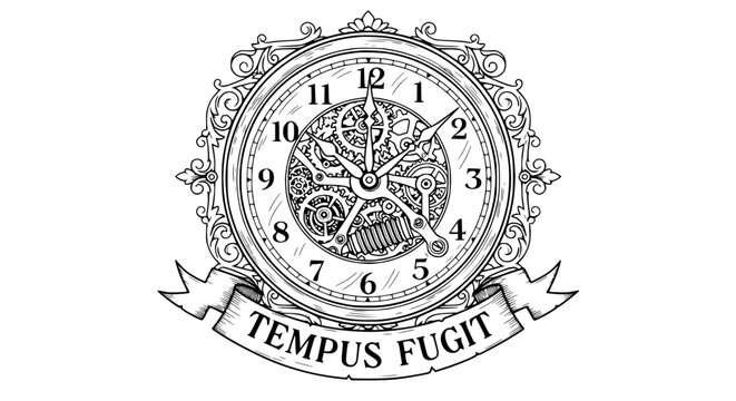 Vintage Clock Face with Gears and Banner