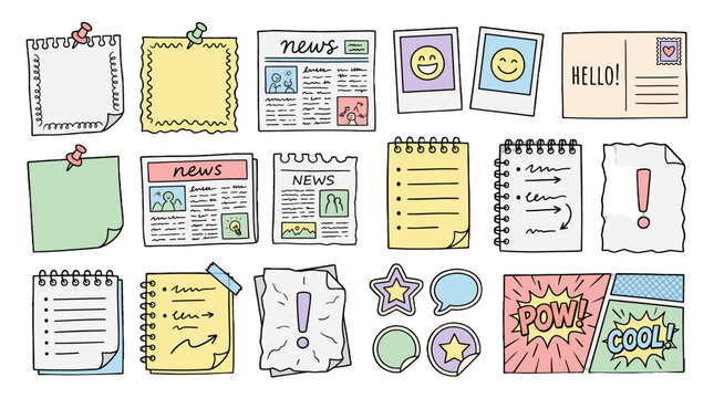 Cute doodle note papers, newspapers and comic stickers set