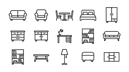 Furniture line icon set with sofa bed table and cabinet © Alan