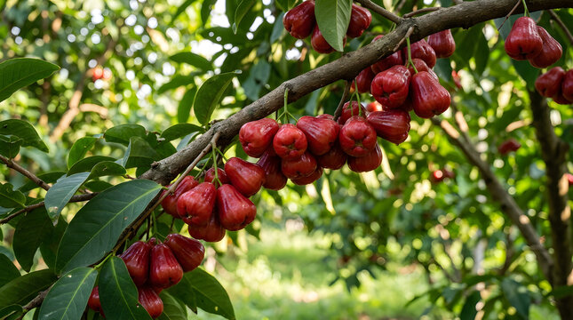 Cluster of Ripe Red Wax Apples on Tree