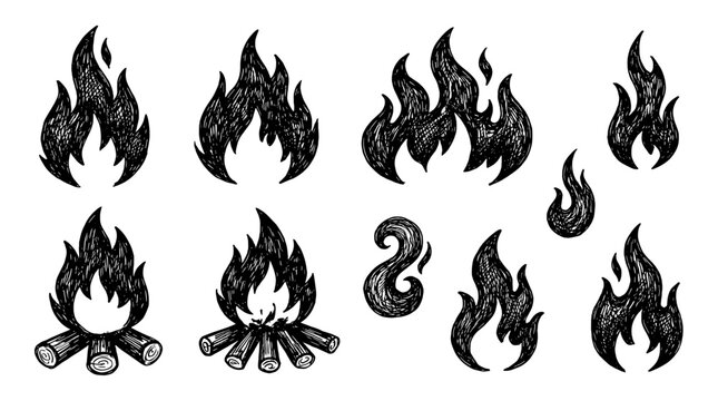 Hand drawn flame and campfire silhouette set in black ink