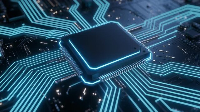 Futuristic microchip glowing blue circuit traces radiating energy across sleek motherboard semiconductor circuit technology