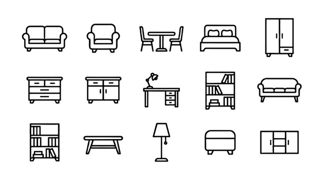 Furniture line icon set with sofa bed table and cabinet