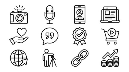 Obraz premium Influencer and blogger line icon set with media symbols
