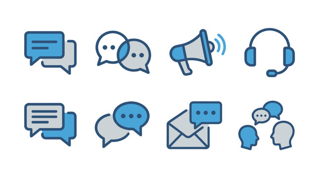 Communication icon set with speech bubbles and support symbols