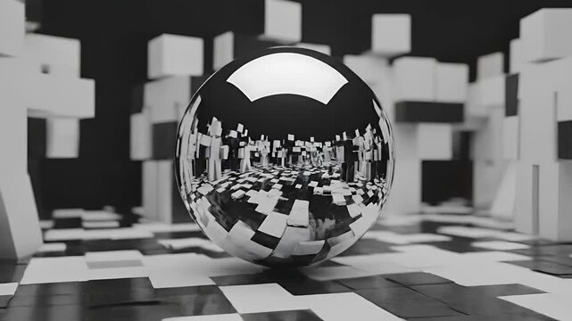Abstract Chrome Sphere Reflecting Geometric Cityscape and Chessboard Pattern.