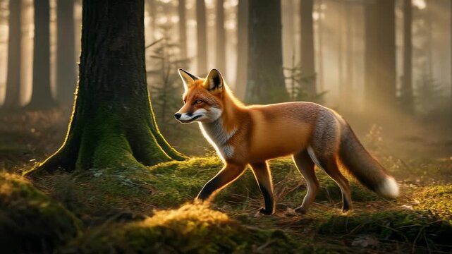 Fox walking through misty forest at dawn golden fur glowing softly with woodland morning mist as firefly red fox moves gracefully