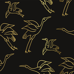 Obraz premium crane birds seamless vector pattern, golden, black ink traditional oriental asian Indian design isolated