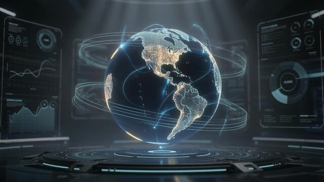 Holographic globe illuminated with glowing continent data overlays, orbiting rings and network connectivity conveying futuristic