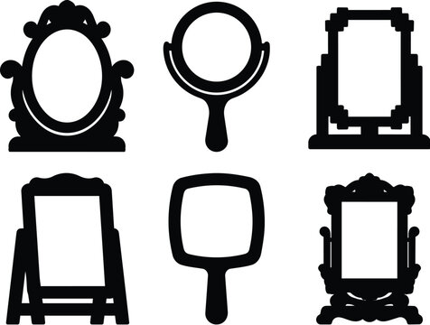 Six vintage vanity mirror silhouettes in black vector style arranged in grid