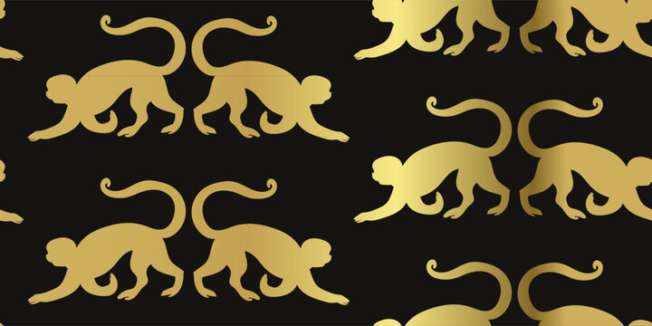 monkey seamless vector pattern, golden, black ink traditional oriental asian Indian design isolated