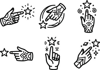 Fototapeta premium Vector line art celebration hand icons with stars and sparkles for decor illustration style