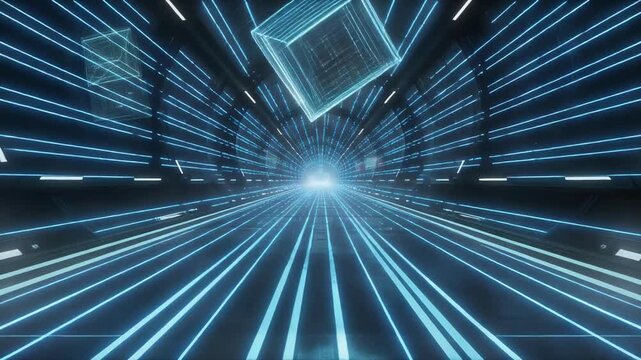 Futuristic tunnel glowing light trail holographic cube glowing blue light trails floating data cubes conveying mysterious