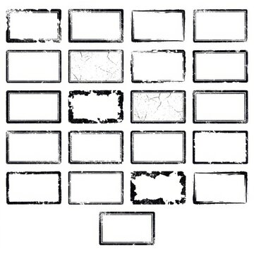 Set of black rectangular stamp borders with distressed edges isolated on white background, variation 49