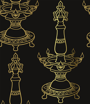  samai oil lamp traditional dishes tableware seamless vector pattern, golden, black ink oriental asian Indian design isolated