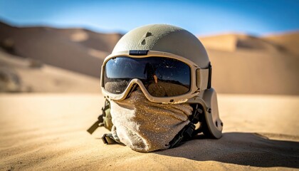 Fototapeta premium Desert Tan Tactical Helmet with Goggles and Dust Cover on Sandy Dunes