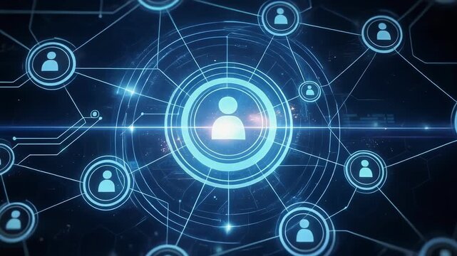 Glowing digital network user connection hub interface linking multiple profiles and users secure profile driven digital network