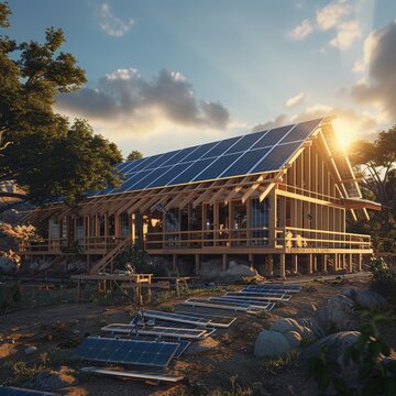A community building a solarpowered house, living off the grid, 3DCG , unique hyper-realistic illustrations