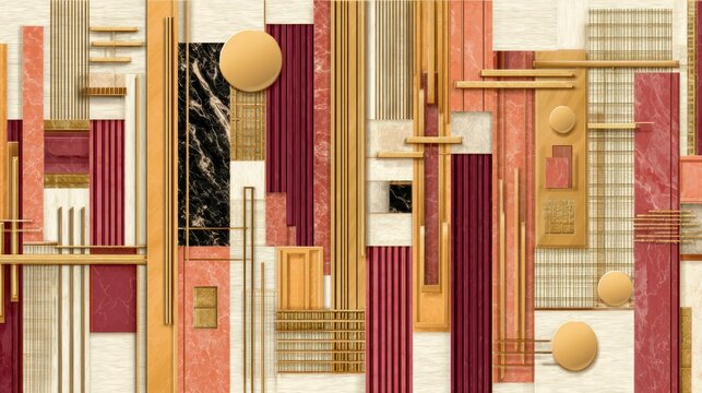 Luxurious geometric wall panel design featuring rich colors and mixed textures for contemporary interior decoration