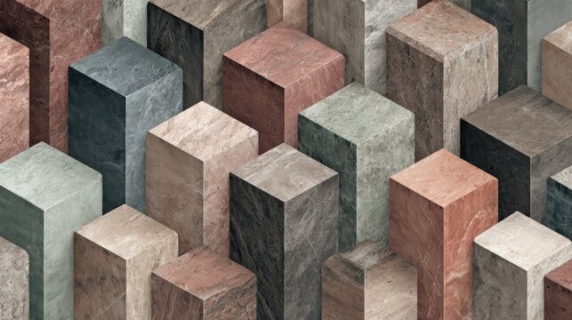 Three dimensional repeating pattern composed of varied colored rectangular prisms creates an abstract architectural texture.