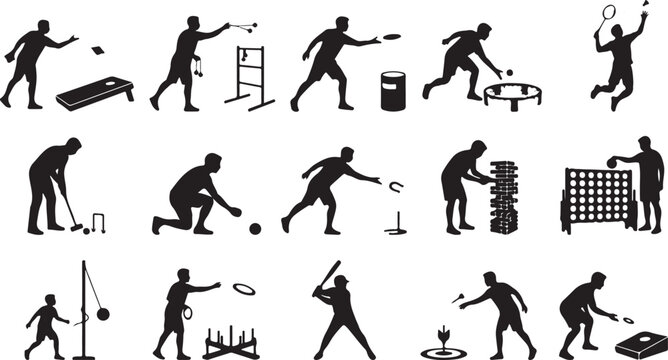 Collection of people playing outdoor games and sports silhouettes isolated on white background, Vector