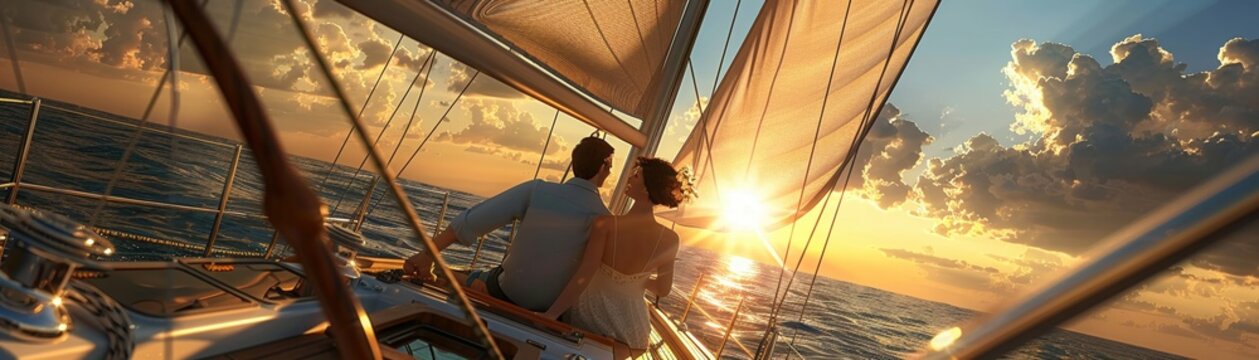 A couple sailing on a yacht, with the sun shining and the wind in their hair, 3DCG , up32K HD