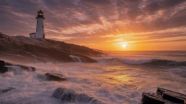 Lighthouse sunset rocky coast with waves crashing and golden sky. lighthouse rocky cliff ocean wave sunrise dramatic sky coastal