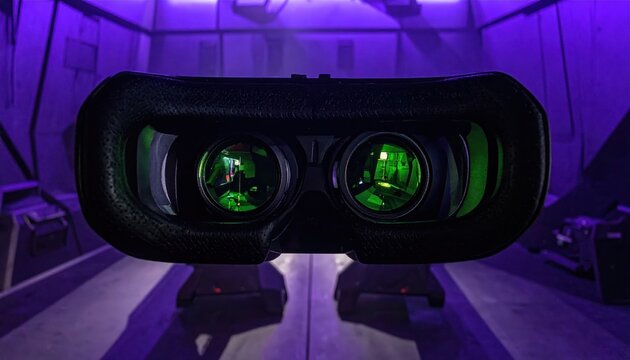 Close-up view of futuristic night vision goggles with green-tinted lenses showing an immersive virtual reality.