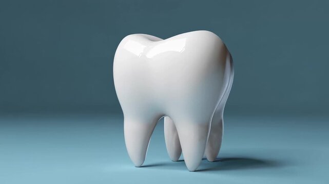 White healthy tooth rotating slowly against plain blue background, showcasing dental health with detailed medical precision and smooth 3d rendering technique