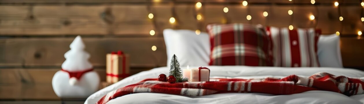 A cozy bedroom with Christmas bedding and decorations